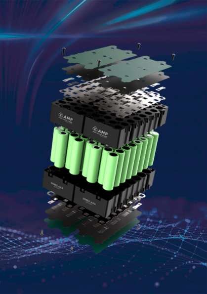 Precision exploded view of custom lithium battery pack design including cell array and integrated BMS module